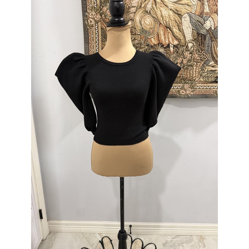 Forever 21 Sweater Womens Large Black Ribbed Statement Puff Sleeve Knit Top